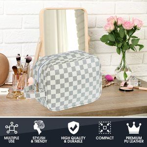 Luxouria Leather Checkered Makeup Bag  (White)